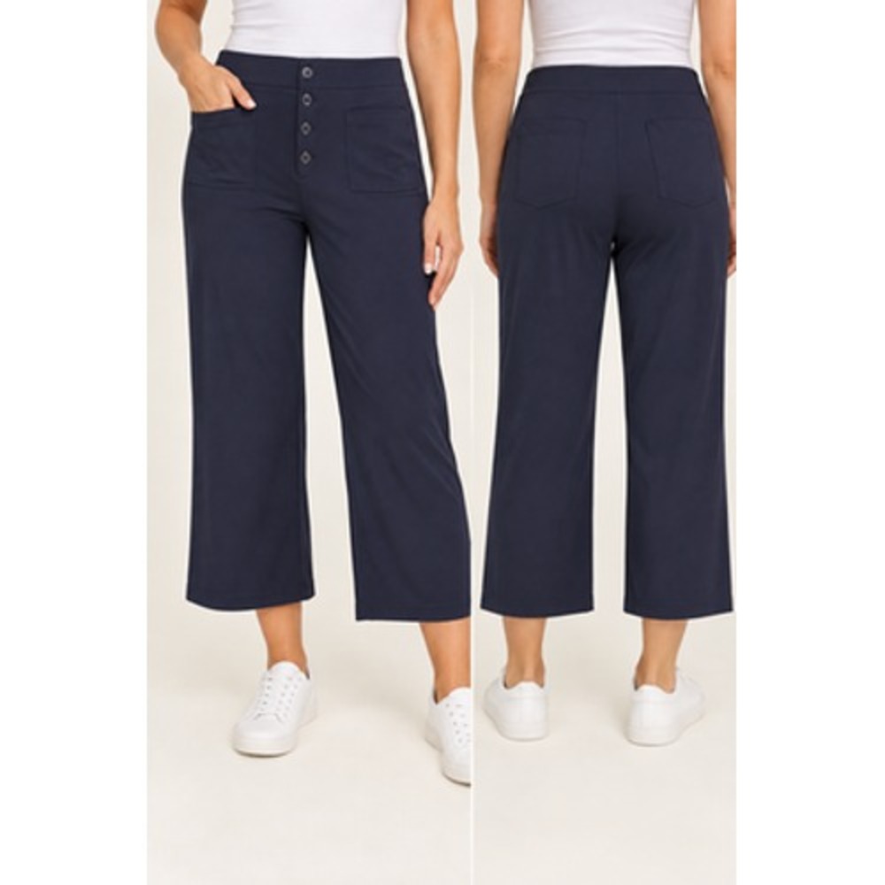 Halara Womens XL Navy High Rise Button Front Wide Leg Cropped Pants Pockets